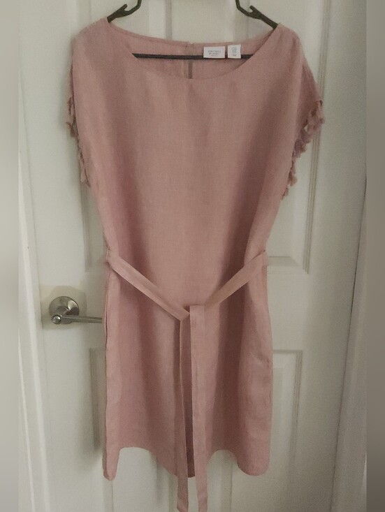 Antibes Blanc Dresses & Skirts - Relaxed Dusty Rose Linen Midi Dress with Self-Tie Belt